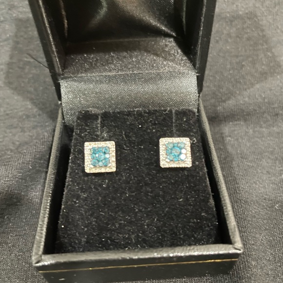 14K White Gold Blue and White Diamond Pave Earrings - Picture 1 of 4